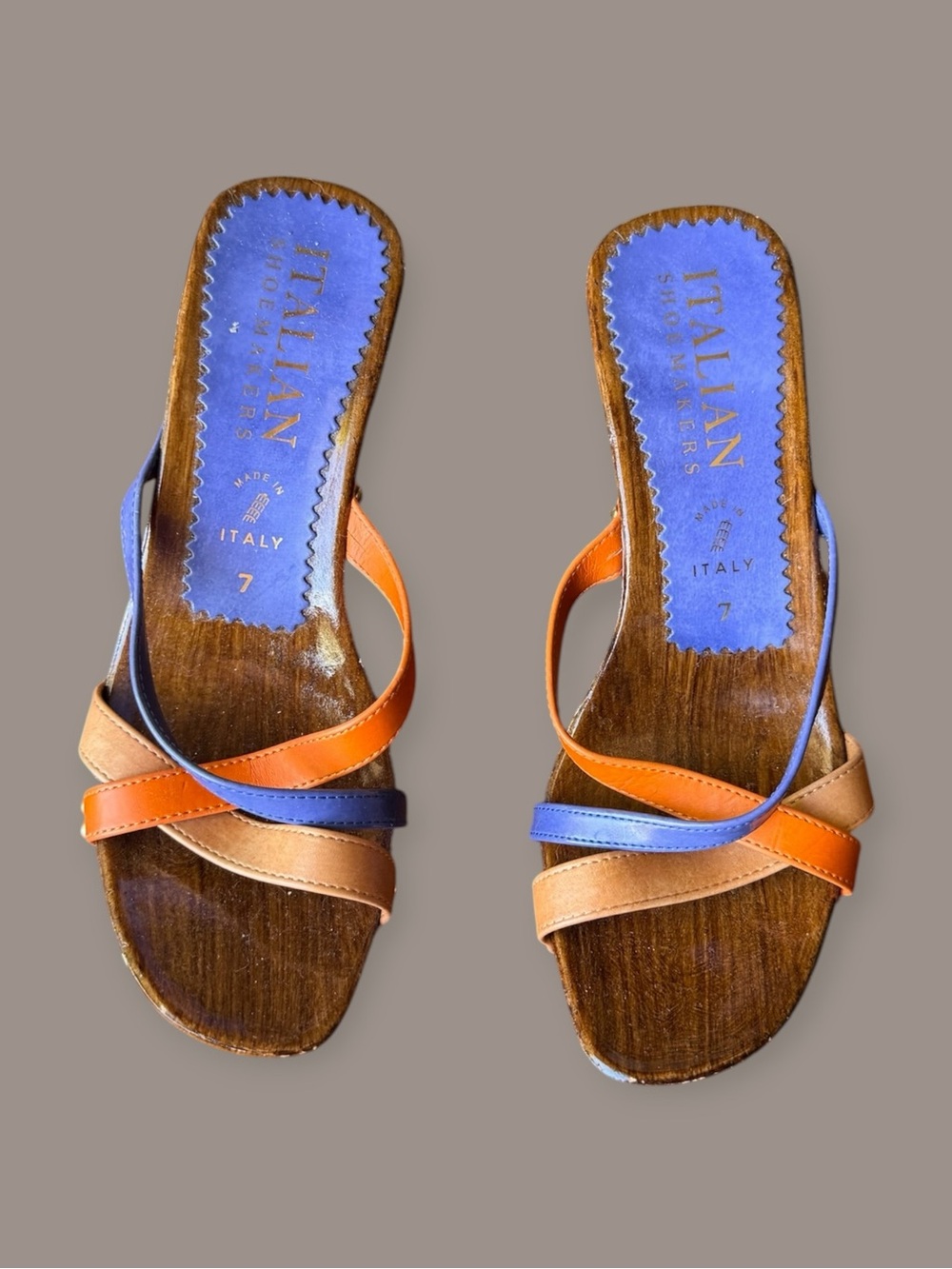 Italian Shoemakers Blue Orange Tan Leather Slide Mules